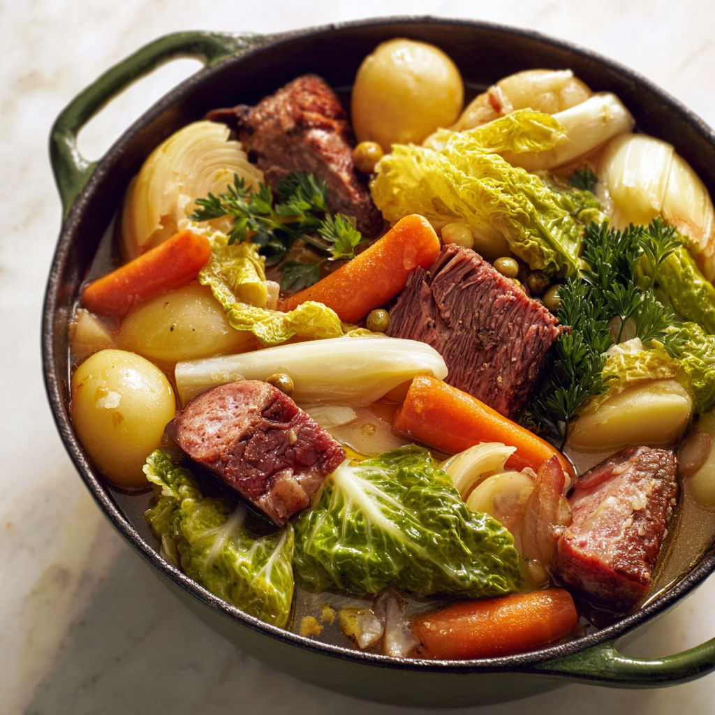 Le pot-au-feu aux 4 viandes d'Hélène Darroze est un plat de soupe avec des légumes et des viandes.
