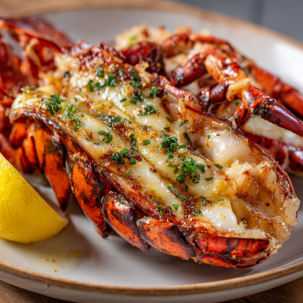 Un plat de homards grillés au beurre de laitue de mer.