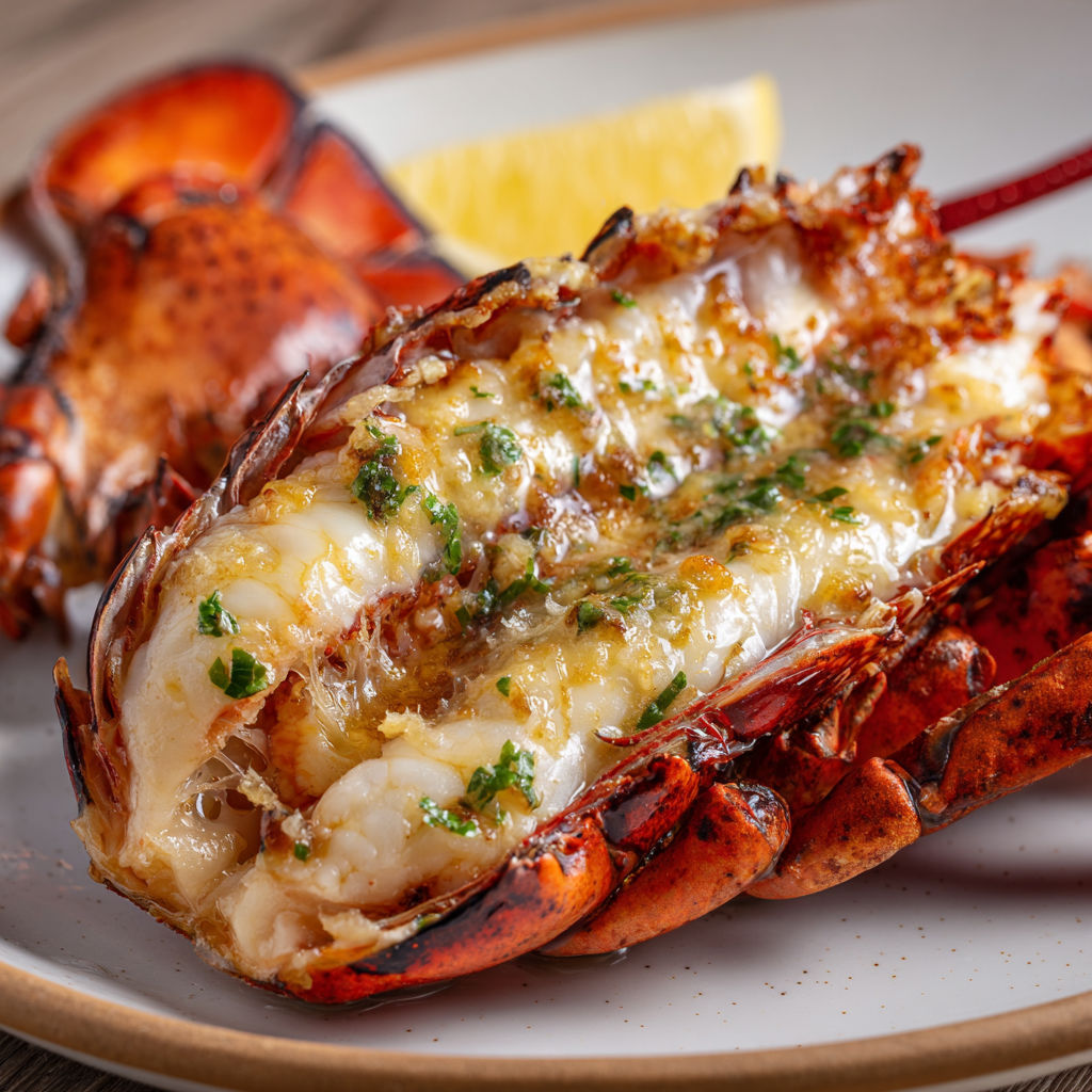 Homard entier et juteux, grillé au barbecue, accompagné de quartiers de citron caramélisés et de beurre de laitue de mer onctueux, pour un plat festif et raffiné.