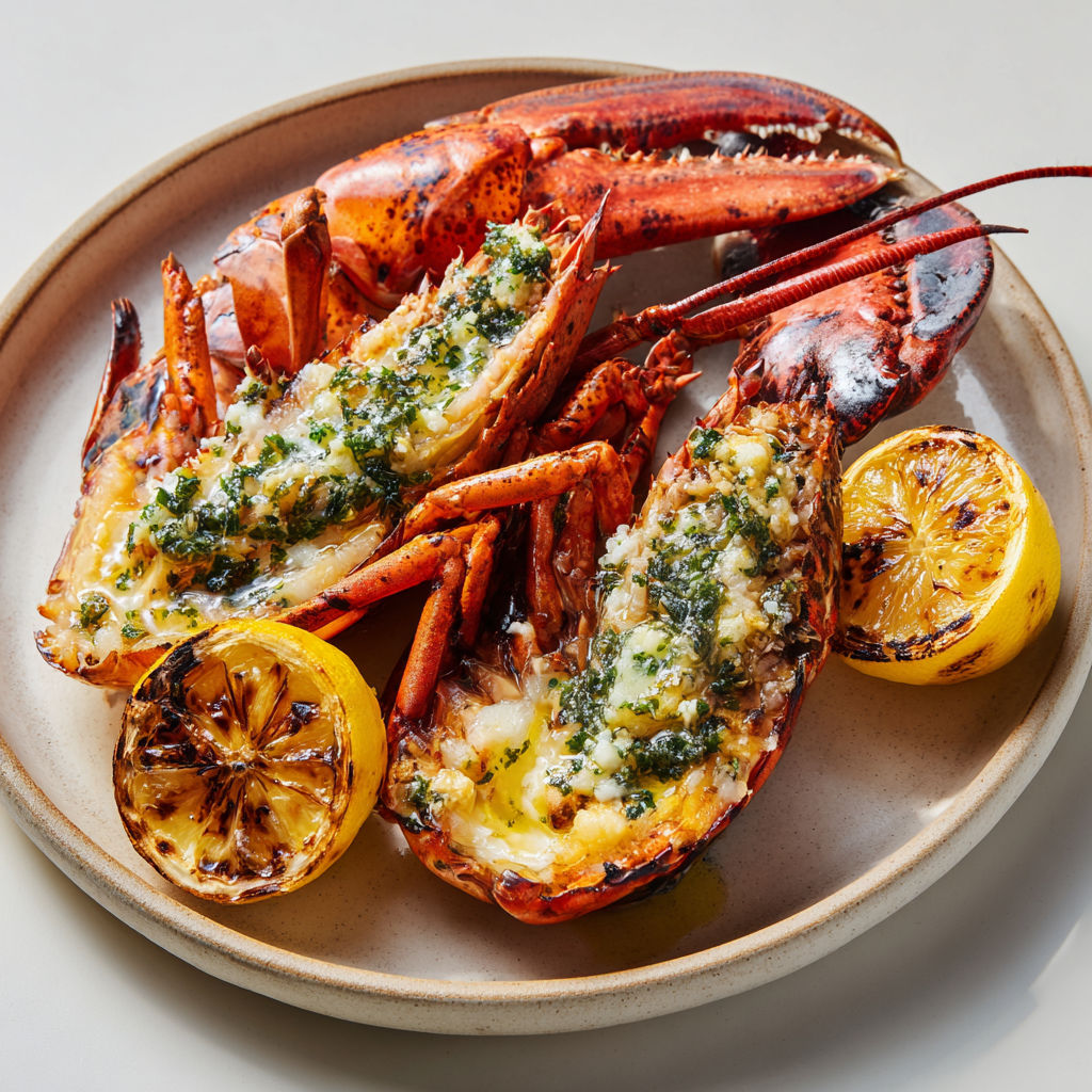 Homard grillé à la perfection, nappé de beurre à la laitue de mer, pour une explosion de saveurs marines et une expérience gourmande inoubliable.