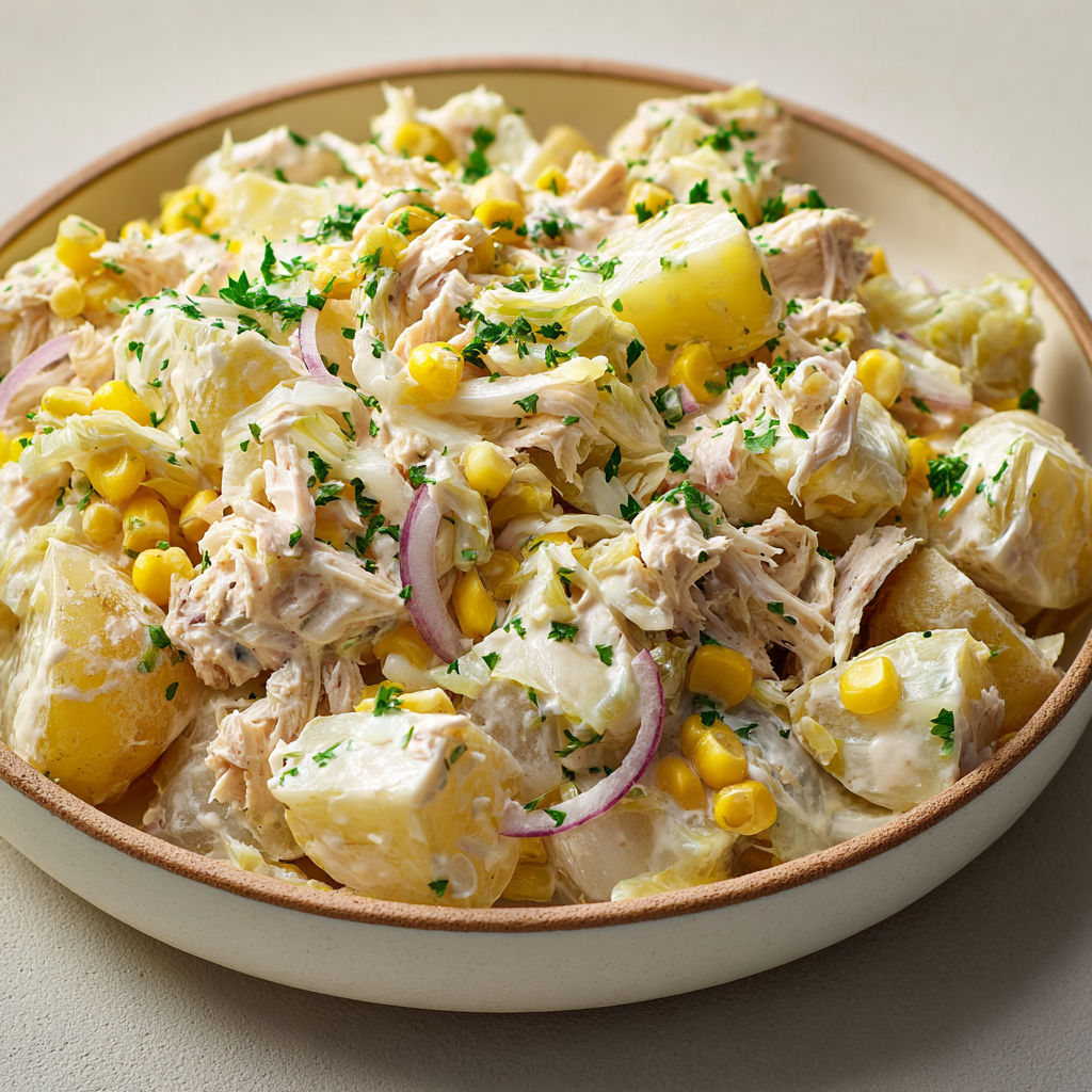 Cubes de pommes de terre tièdes, endives croquantes et thon savoureux, salade maison.