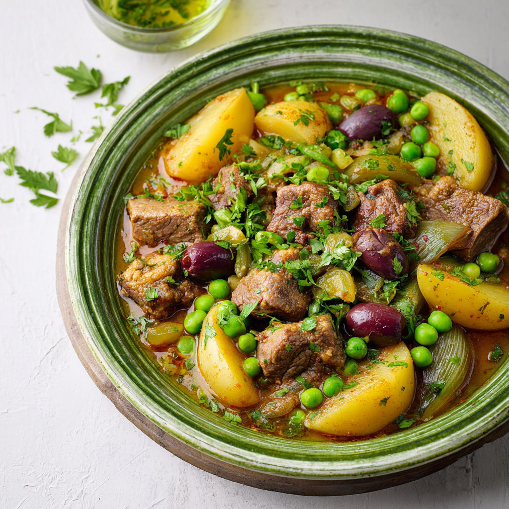 Tajine d’agneau mijoté aux légumes frais et olives violettes, parfumé aux épices douces.