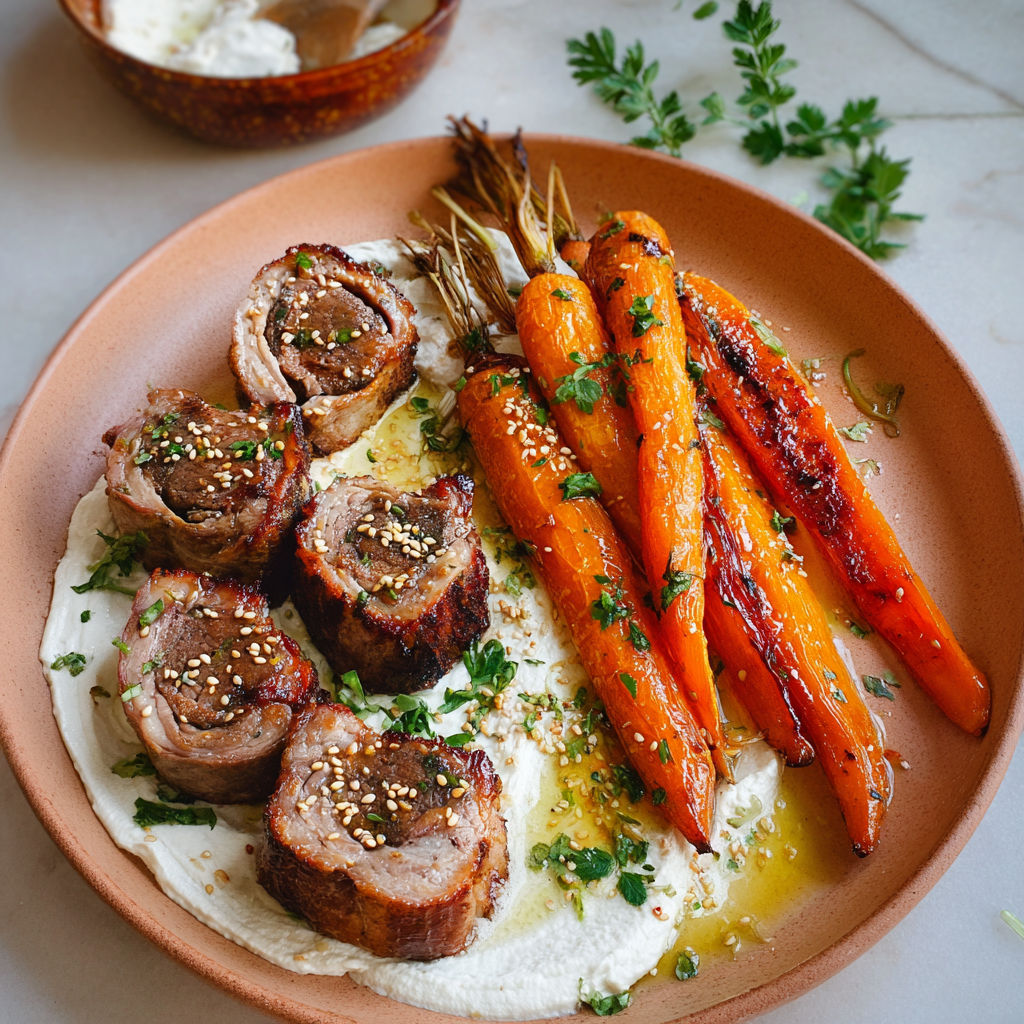 Une assiette de filet d'agneau, carottes rôties au miel et au sésame, accompagnée de sauce et de légumes.