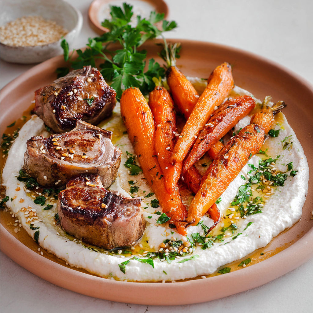 Une recette de carottes et de Filet d'agneau avec une sauce au yaourt et des herbes.