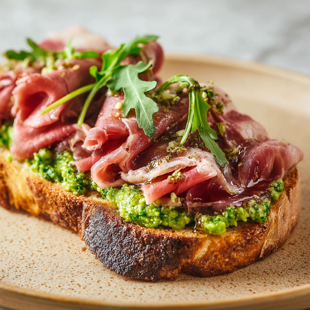 Une tartine de carpaccio de bœuf est servie sur un plateau.