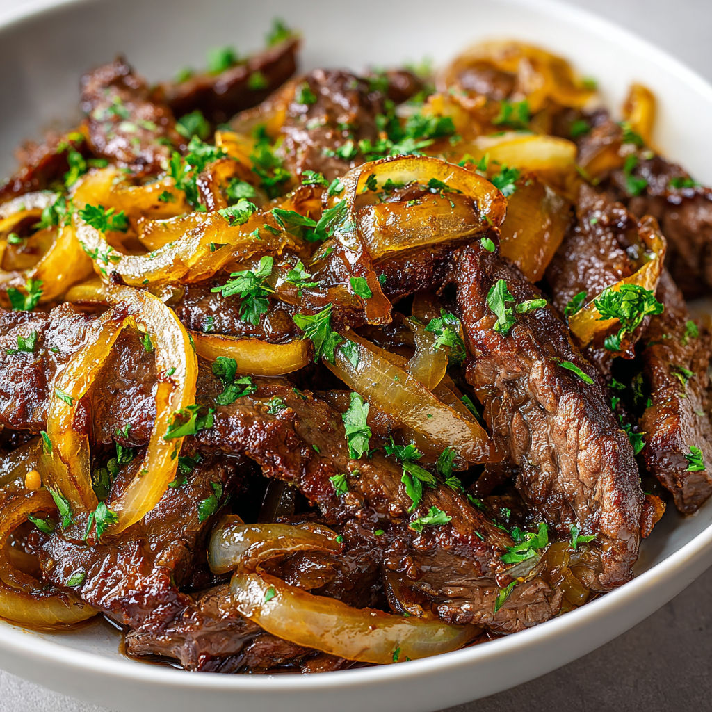 Émincé de bœuf tendre aux oignons fondants et vinaigre balsamique.
