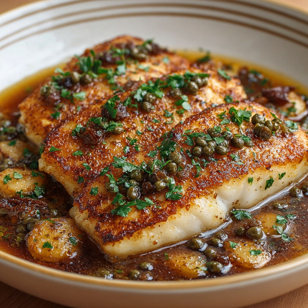 Filets de poisson meunière au beurre citronné et câpres, façon bourguignonne.