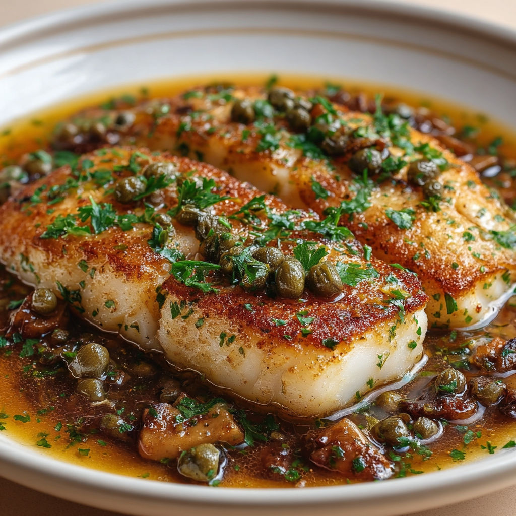 Cabillaud croustillant à la poêle, nappé d’une sauce meunière parfumée.