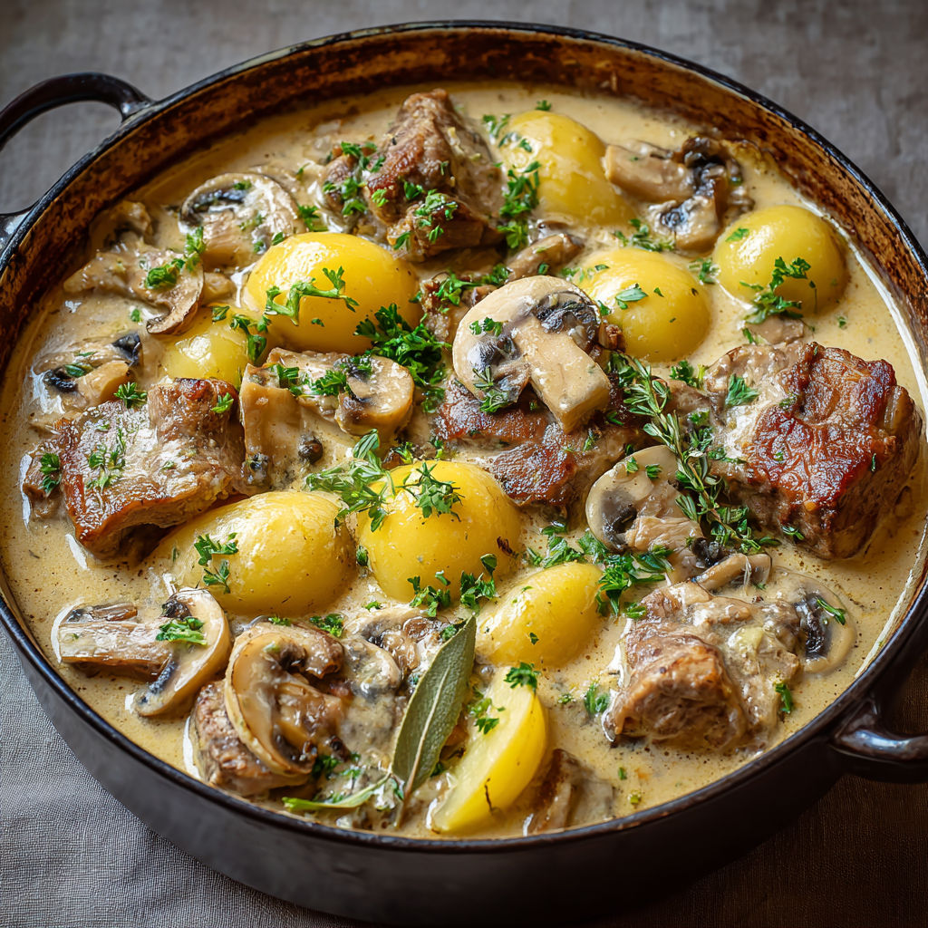 Sauté de porc à la crème, champignons et pommes de terre, une recette savoureuse et délicieuse.