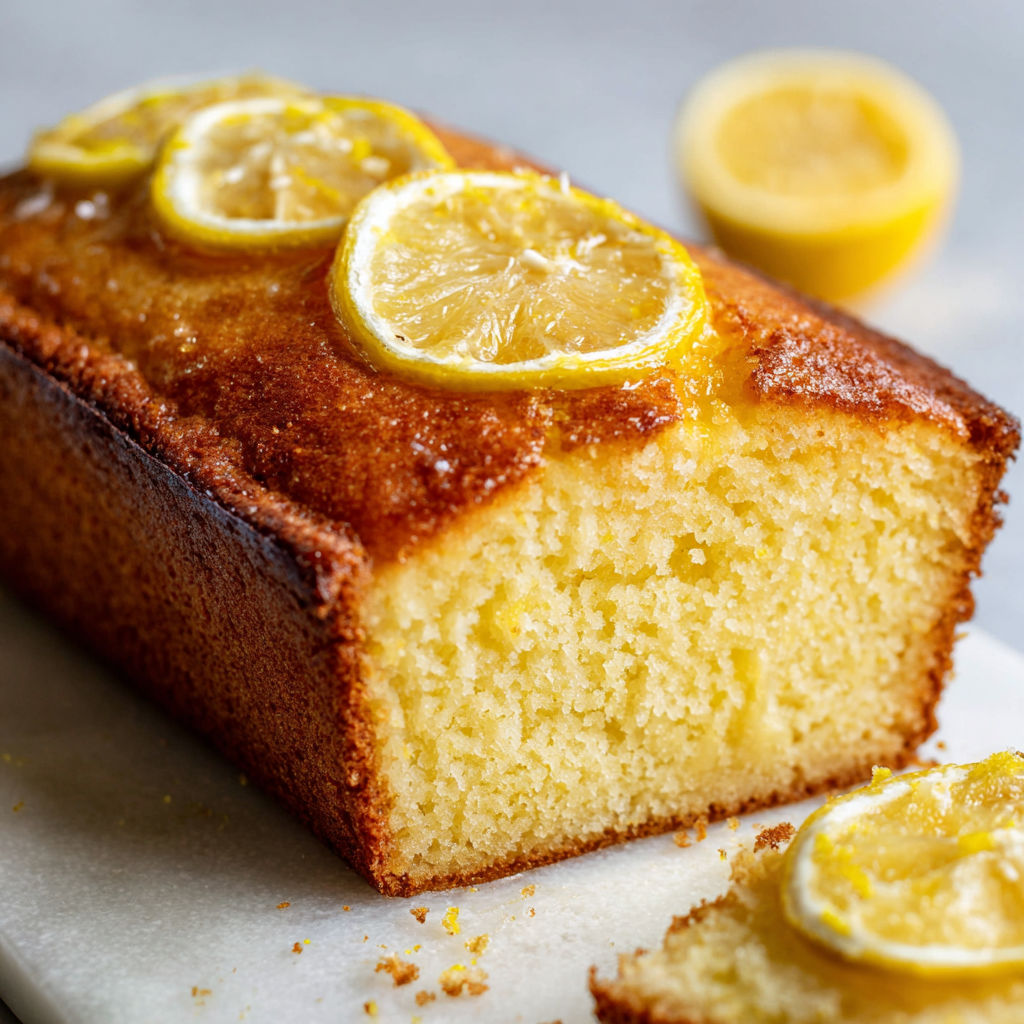 Une portion de gâteau citron-pavot à l'huile d'olive de Nice, avec des citrons et des pavots visibles.