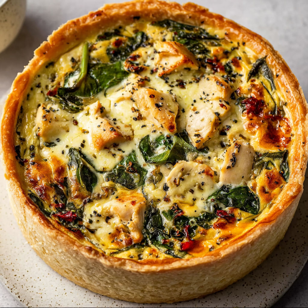 Quiche dorée aux épinards, poulet tendre et mozzarella fondante.