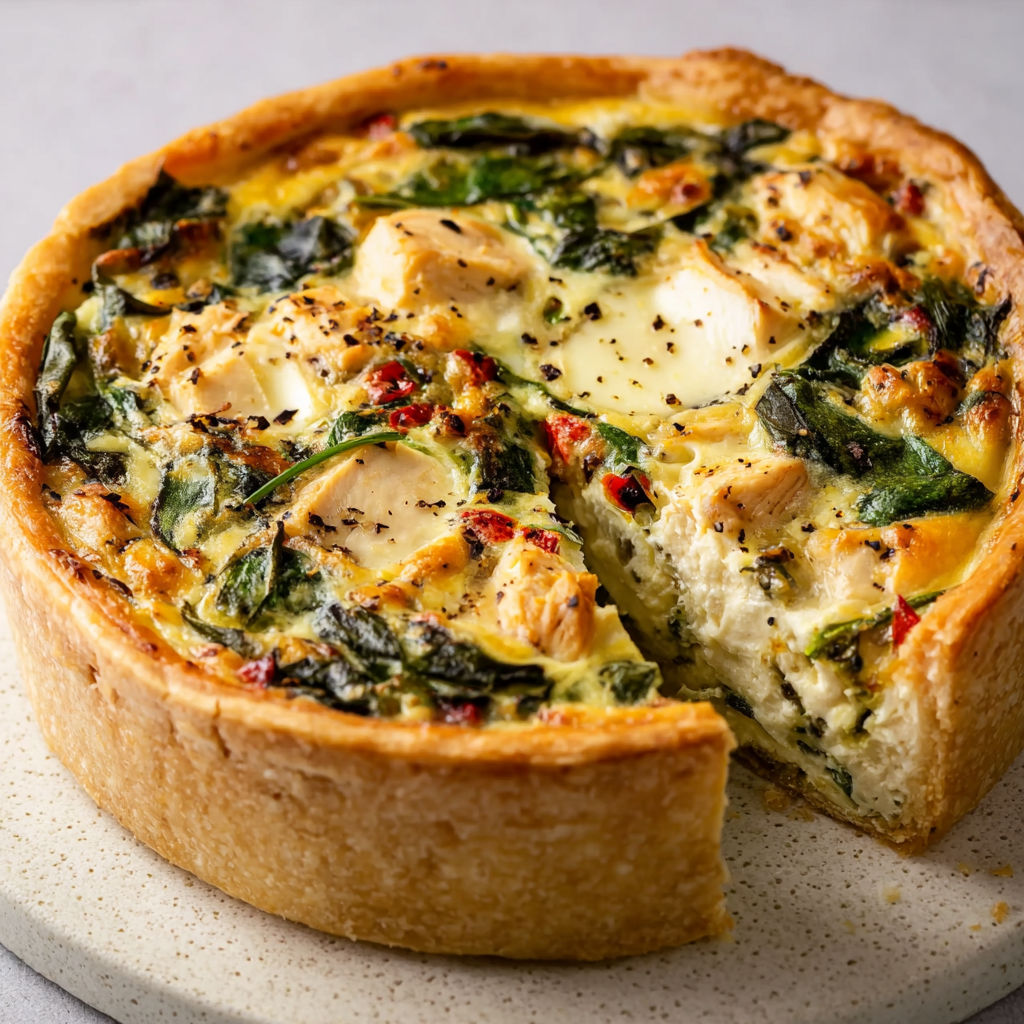 Quiche maison crémeuse aux épinards et poulet, couronnée de mozzarella fondante.