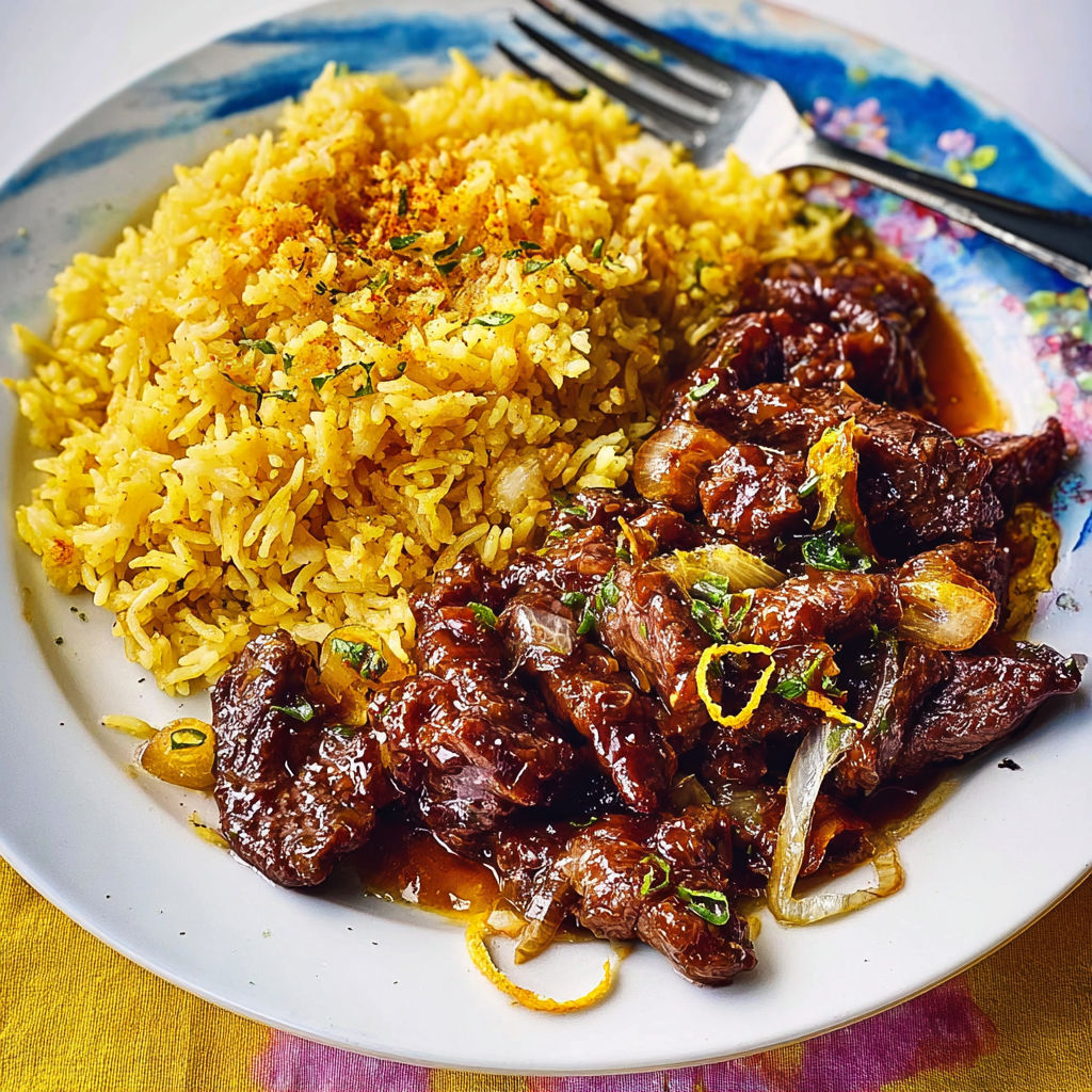 Un plateau de nourriture contenant du boeuf sauté aux agrumes et du riz aux épices.