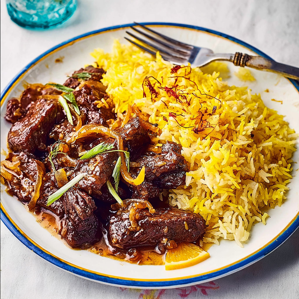 Onglet de bœuf sauté aux agrumes, servi avec riz basmati parfumé aux épices.