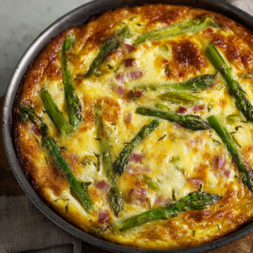 Une quiche sans pâte aux asperges vertes et jambon est servie dans un bol.