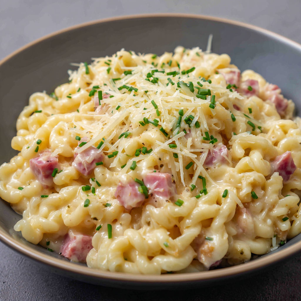 Une delicieuse préparation de Coquillettes, façon risotto, jambon et comté, prête à être servie.