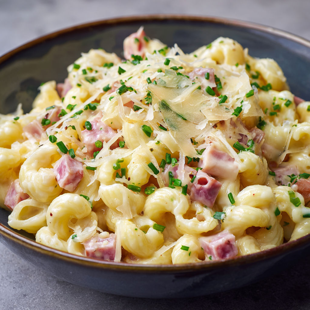 Une recette de Coquillettes gourmandes au bouillon, jambon tendre et comté râpé.