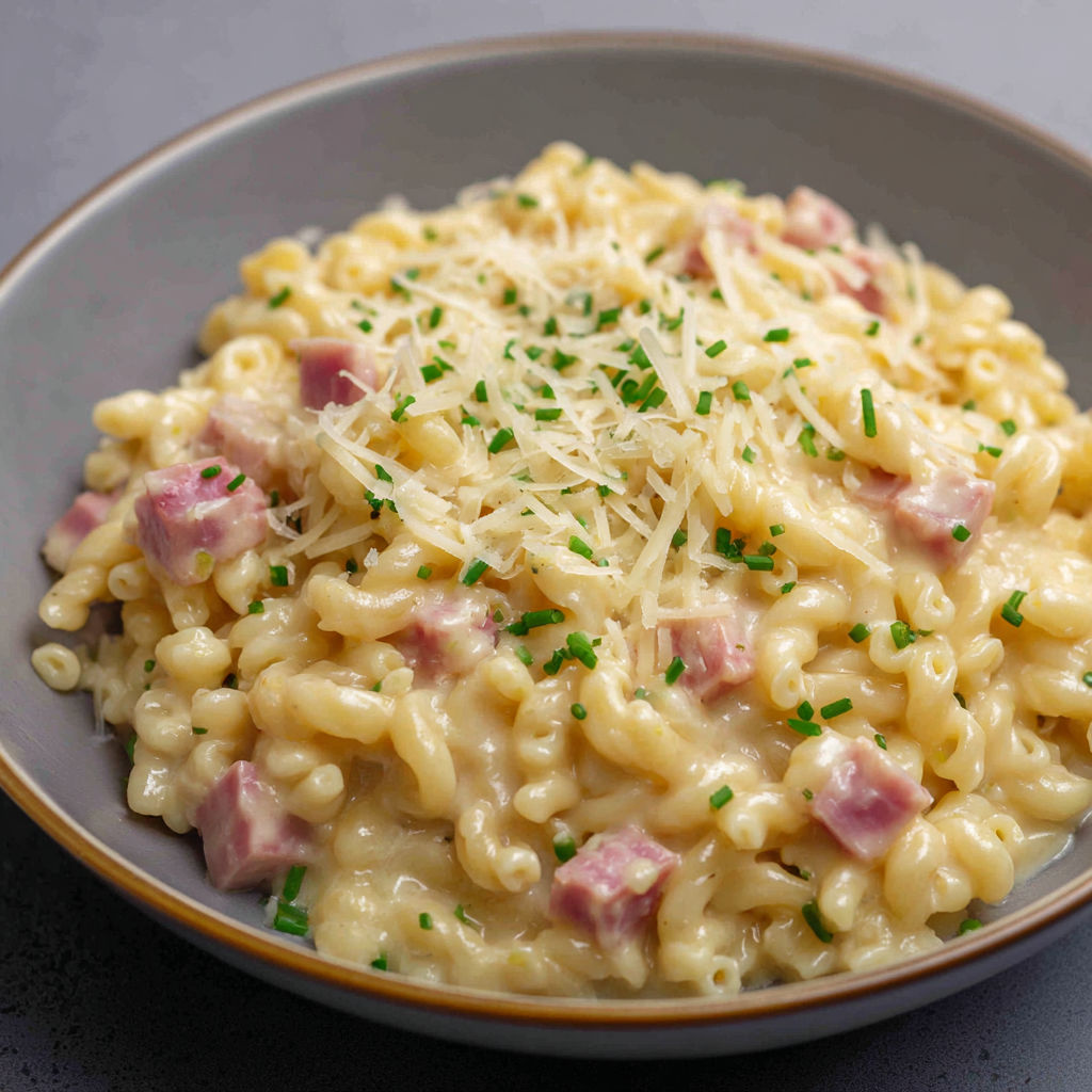 Un plat de Coquillettes crémeuses façon risotto au jambon et comté fondant.