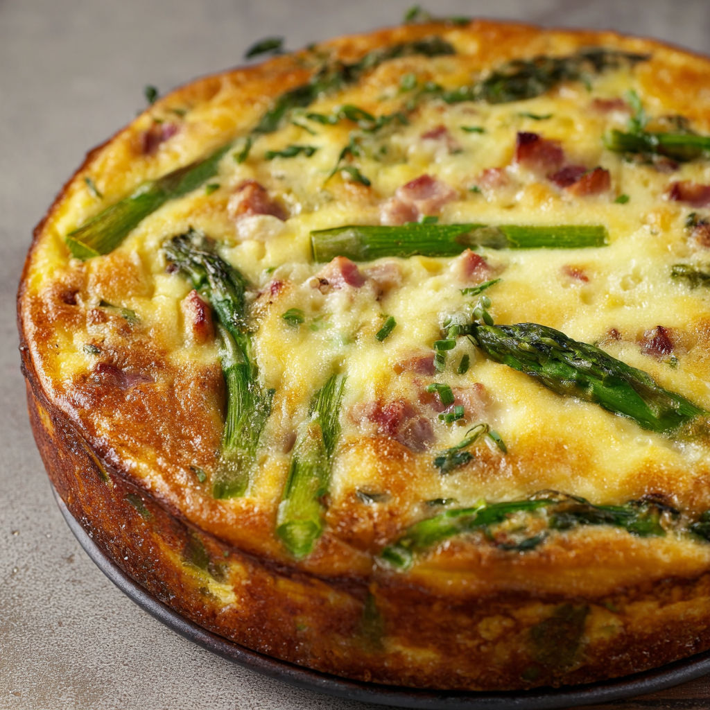 Quiche légère sans pâte aux asperges vertes et jambon fondant.