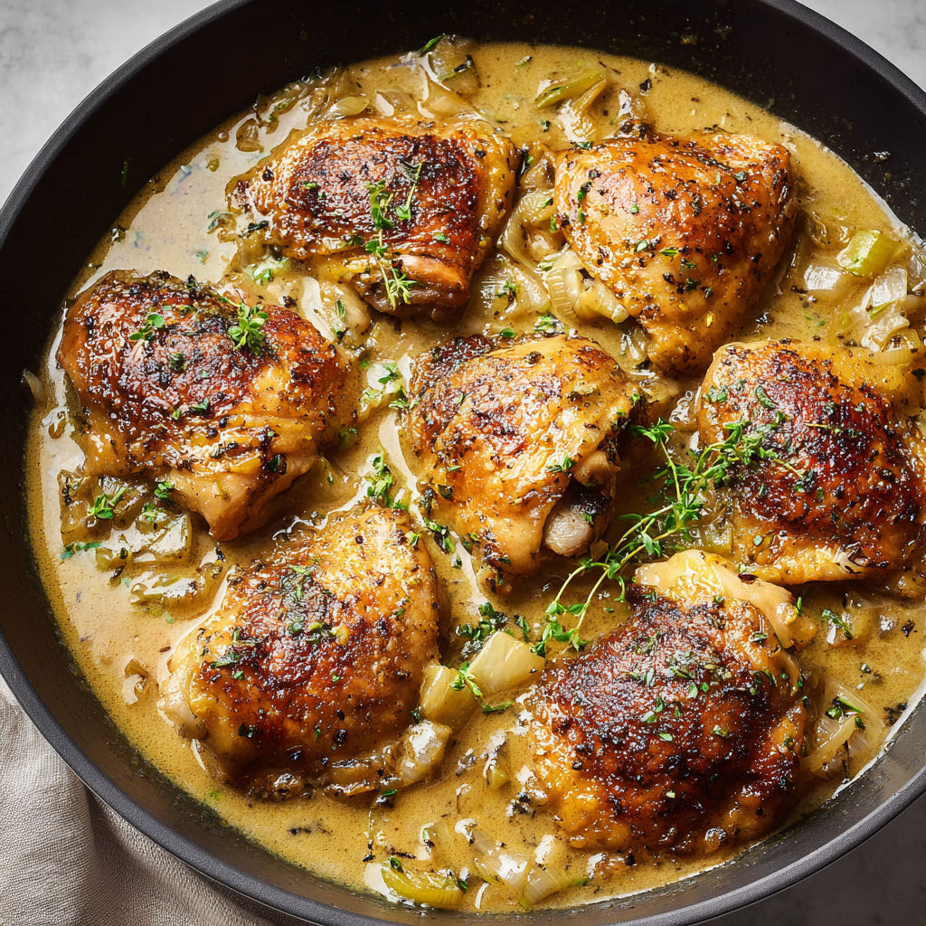 Poulet Rôti à la Normande, Sauce Crémeuse au Cidre et Moutarde.