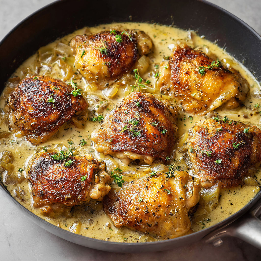 Hauts de Cuisse de Poulet Fermier, Légumes Fondants et Sauce Normande.