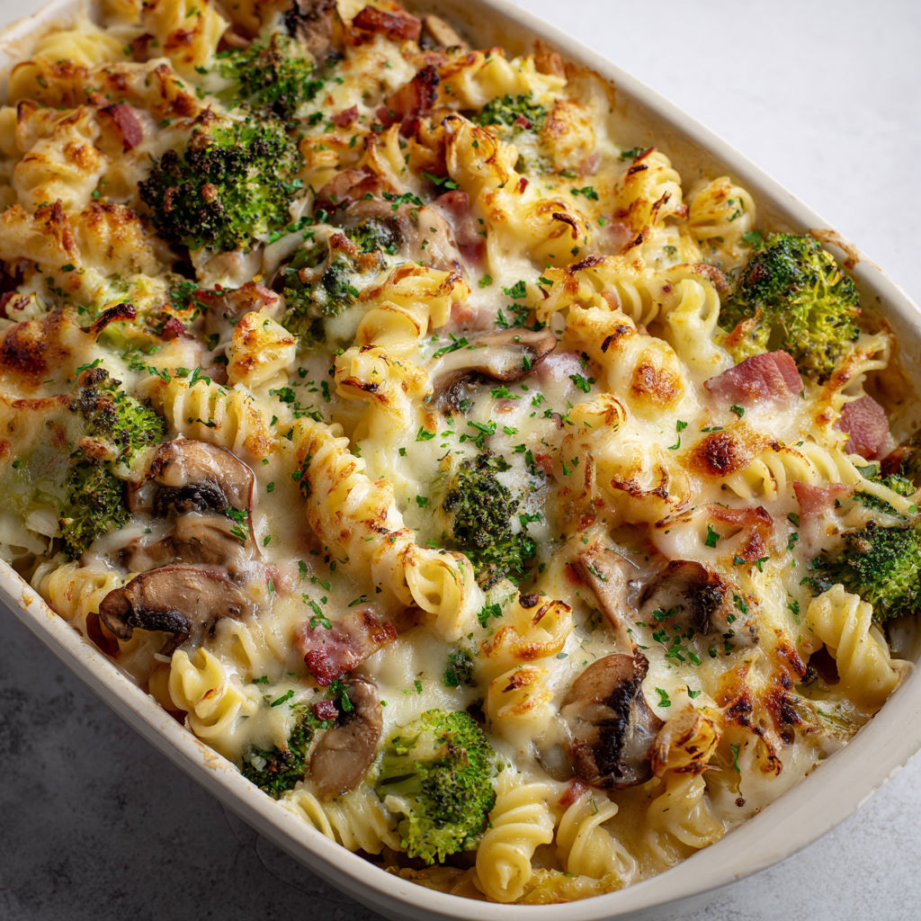 Gratin Crémeux de Pâtes au Reblochon, Champignons et Lardons.