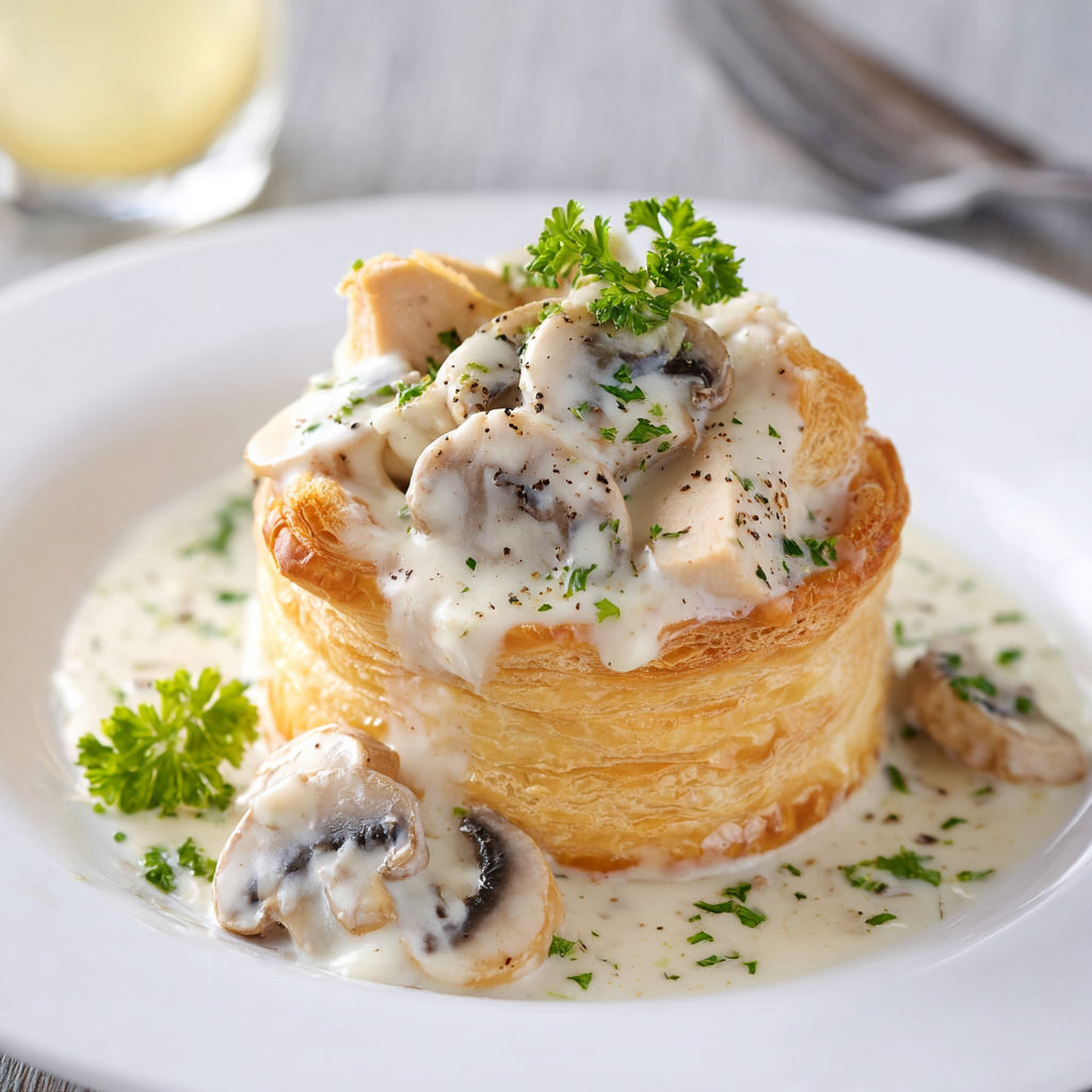 Vol-au-Vent Gourmands au Poulet, Champignons et Sauce Onctueuse.