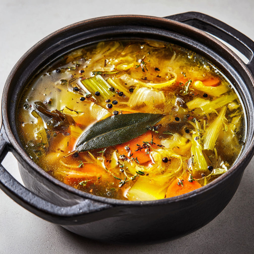 Bouillon de légumes maison anti-gaspi aux épluchures et verts de poireaux.