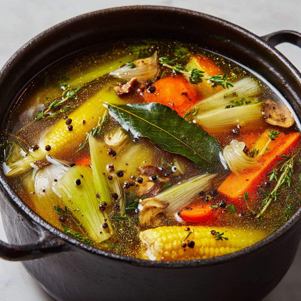 Bouillon parfumé zéro déchet aux épluchures de légumes et aromates.