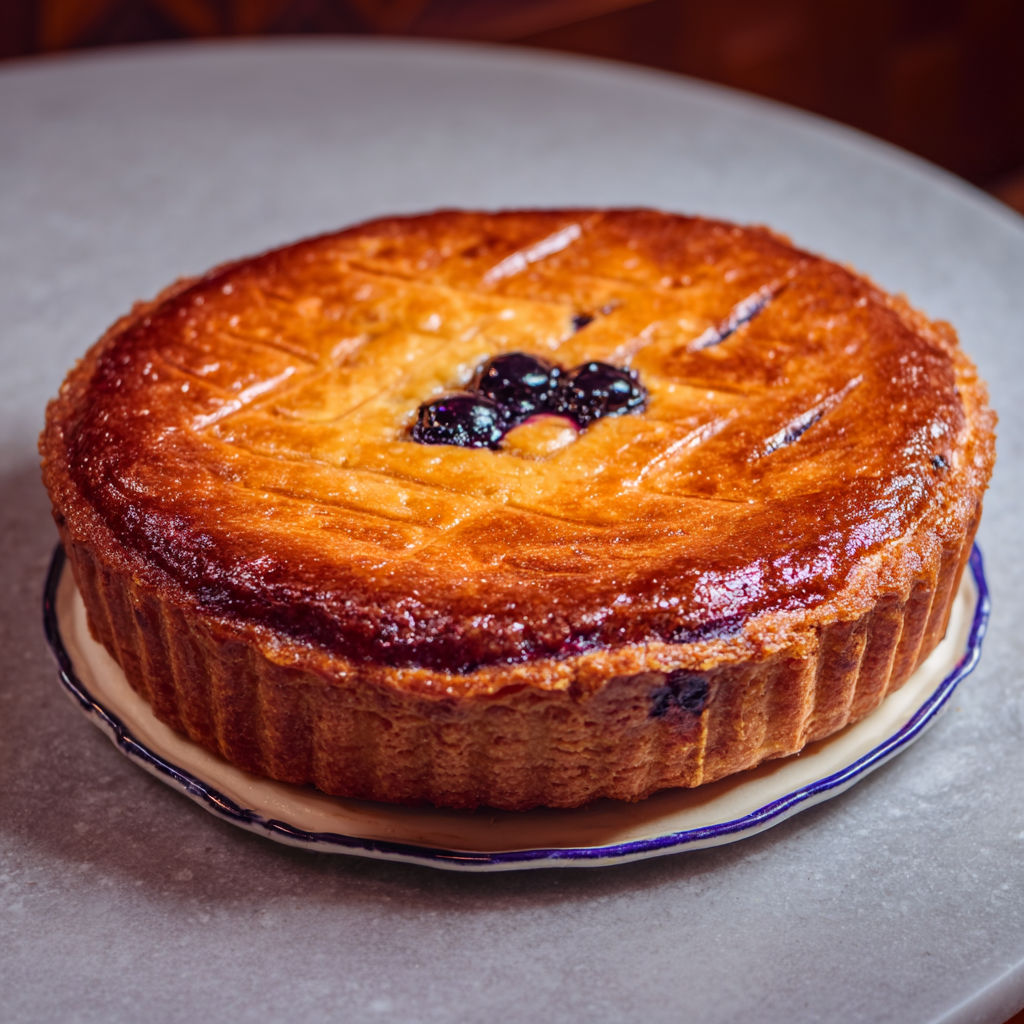 Un gâteau basque à la myrtille sur un plateau.