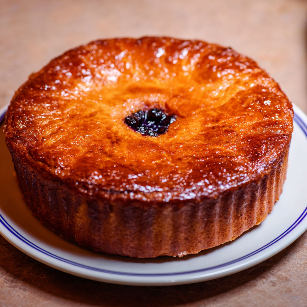 Un gâteau basque à la myrtille sur un plateau.