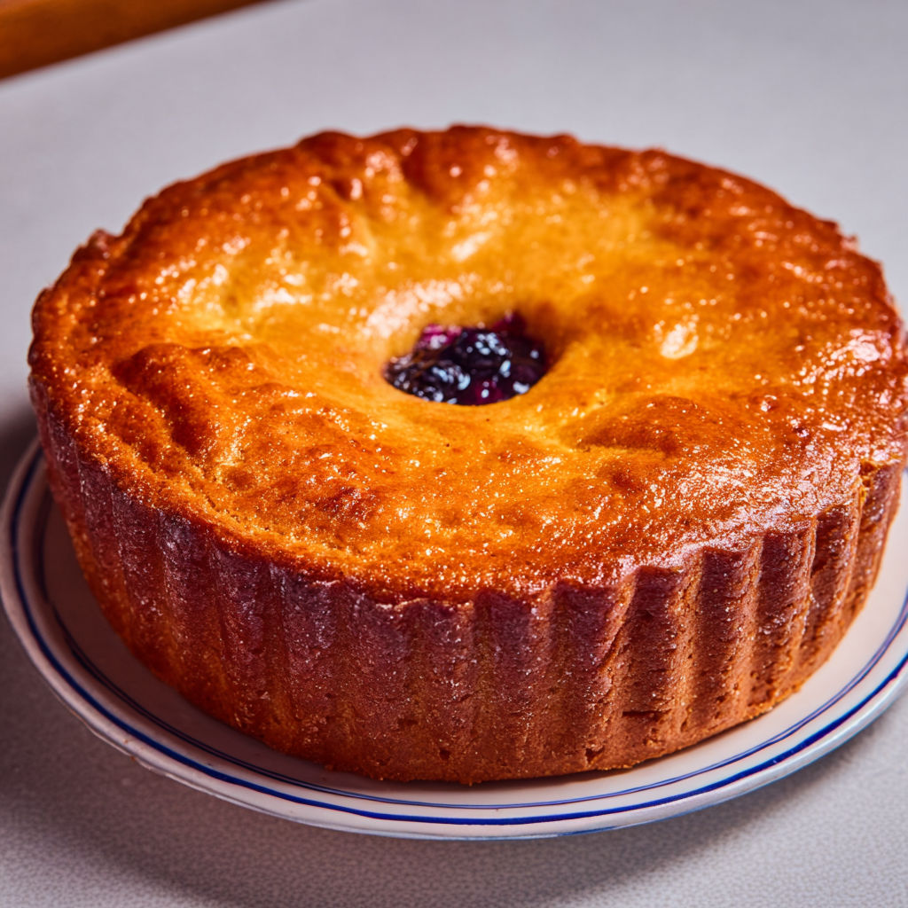 Un gâteau basque à la myrtille est présenté sur un plateau.