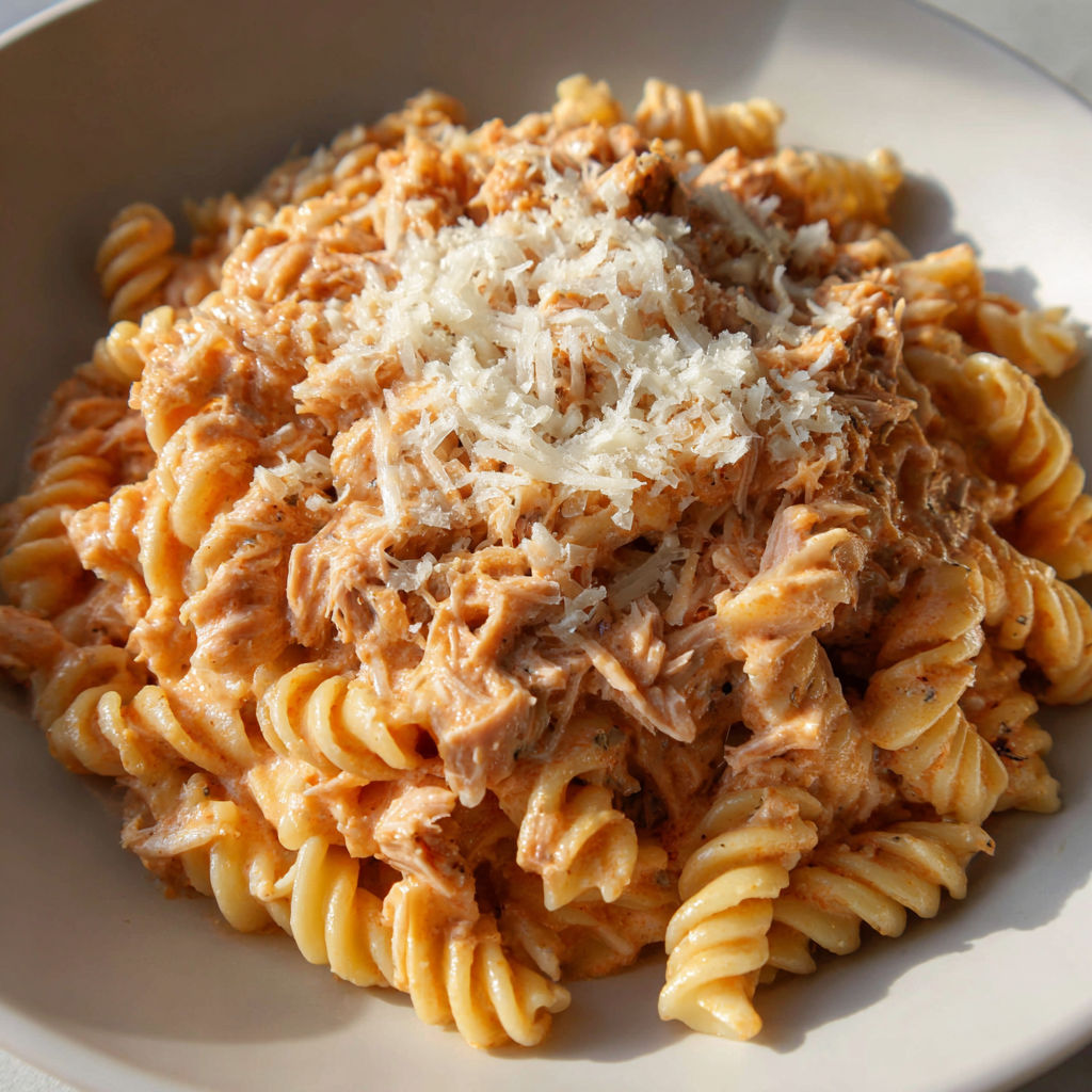 Une plate de pâtes au thon, avec une sauce tomate et des herbes, est servie sur une table.