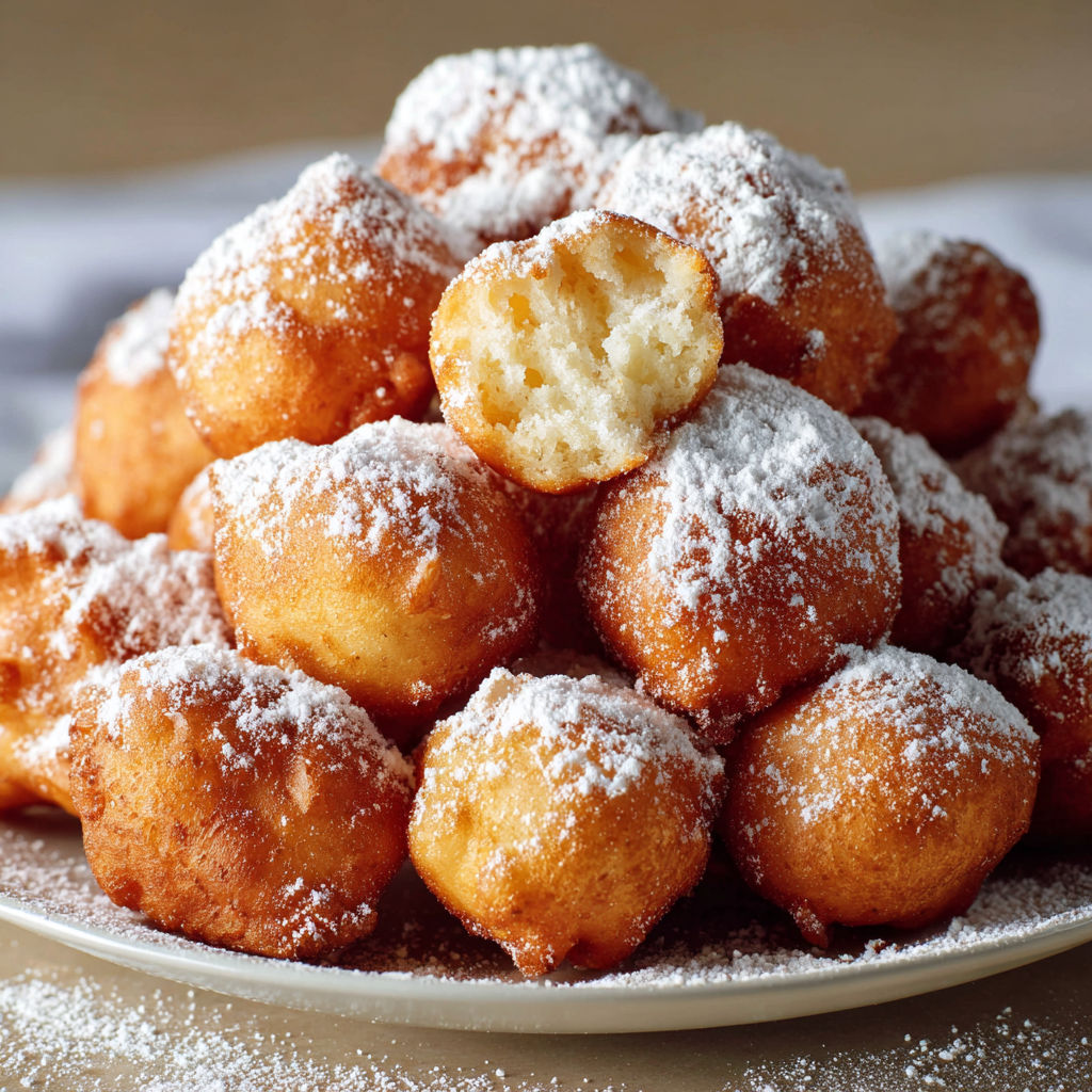 Une pile de couilles de suisse, également connues sous le nom de beignets suisses moelleux, sont servies sur un plateau.