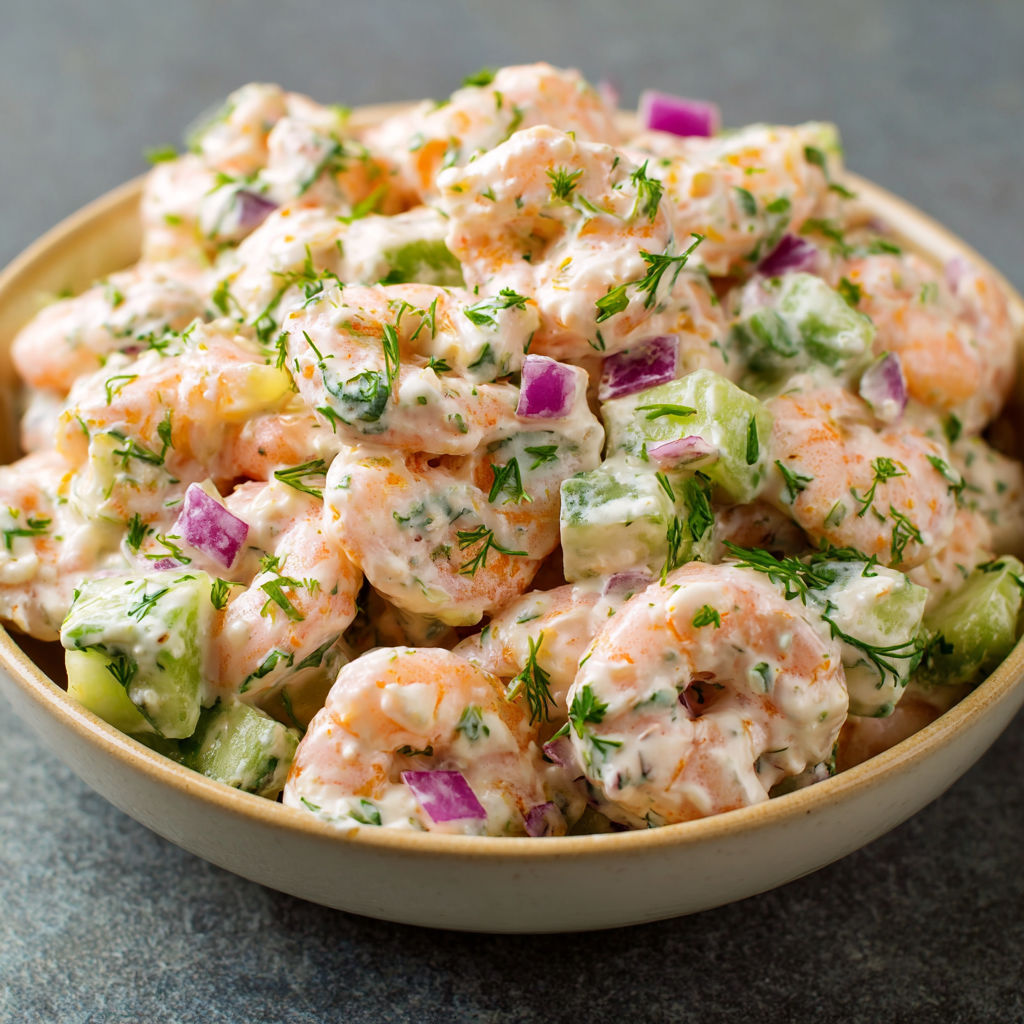 Salade de Crevettes Crémeuse au Concombre et Céleri Croquant.