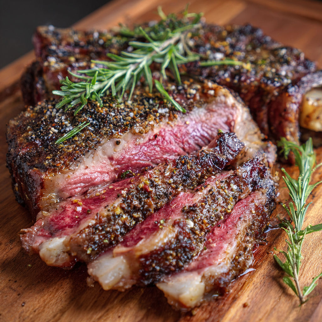 Côte de Bœuf Grillée au Feu de Bois, Assaisonnée au Gros Sel.