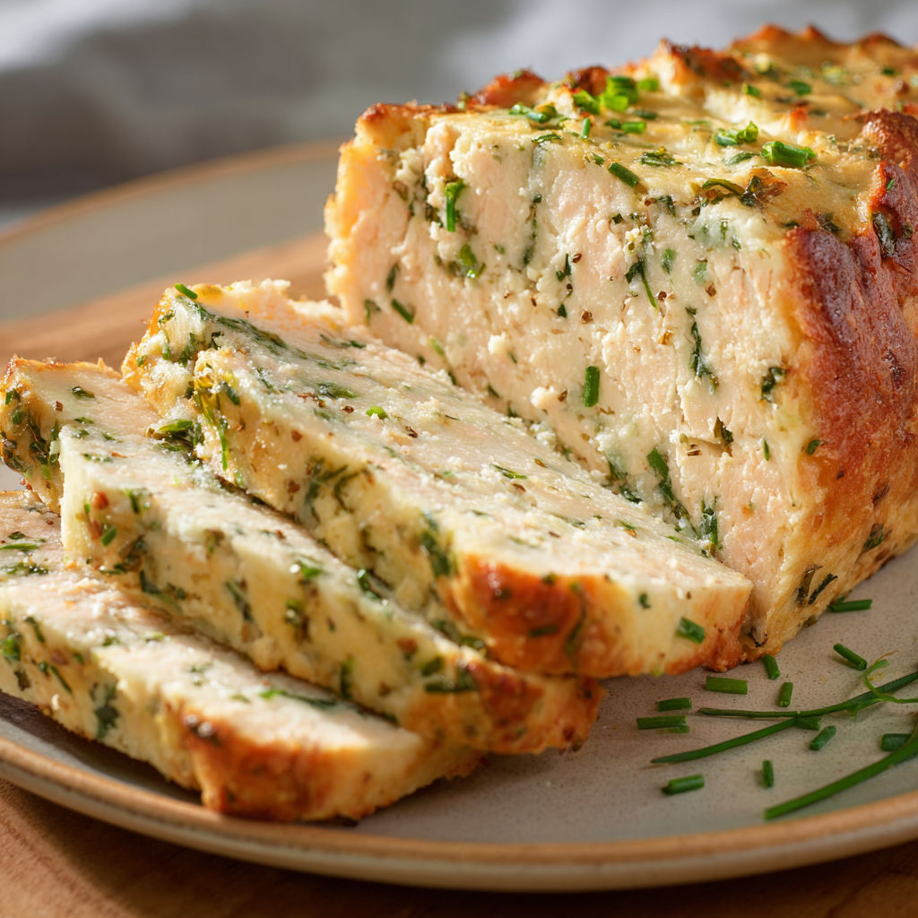 Une portion de pain de poisson de Philippe Etchebest, avec des herbes vertes sur le dessus.