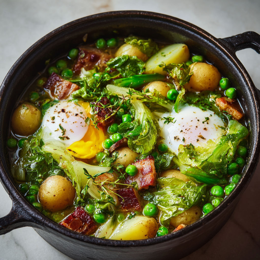 Cocotte Fraîcheur aux Petits Pois, Ventrèche et Œufs Pochés.