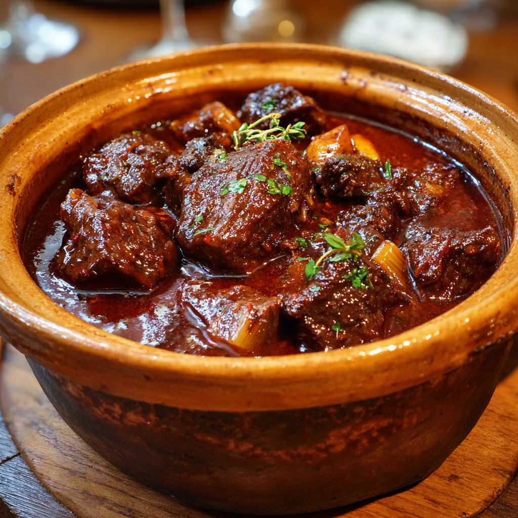 Une cocotte bourguignonne chaude et savoureuse, remplie de bœuf bourguignon, est servie sur une table.