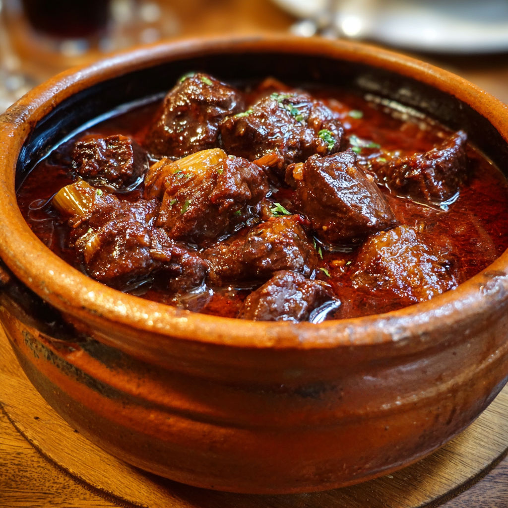 Bœuf Bourguignon en Cocotte Lutée, Mijoté au Vin Rouge.