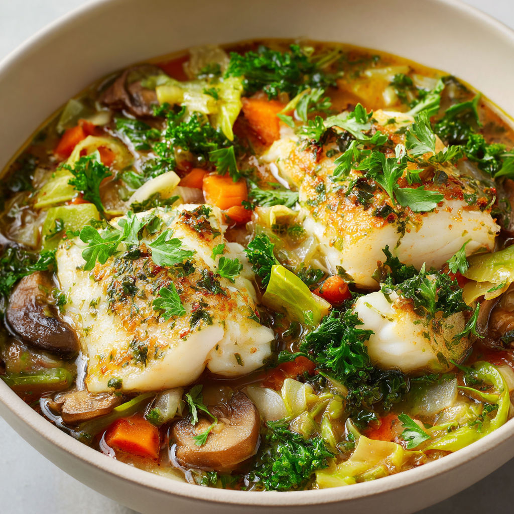 Merlan et légumes au bouillon dans un bol.