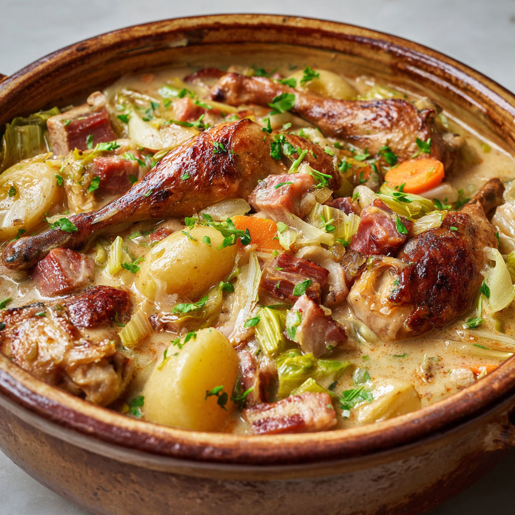 Cocotte rustique de haricots, chou et viandes du terroir.