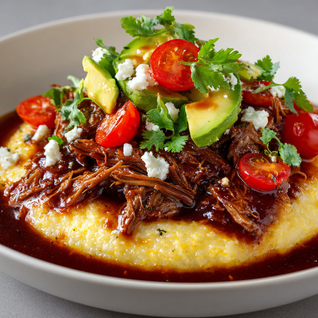 Une assiette de polenta et de bœuf effiloché, accompagnée de légumes verts.