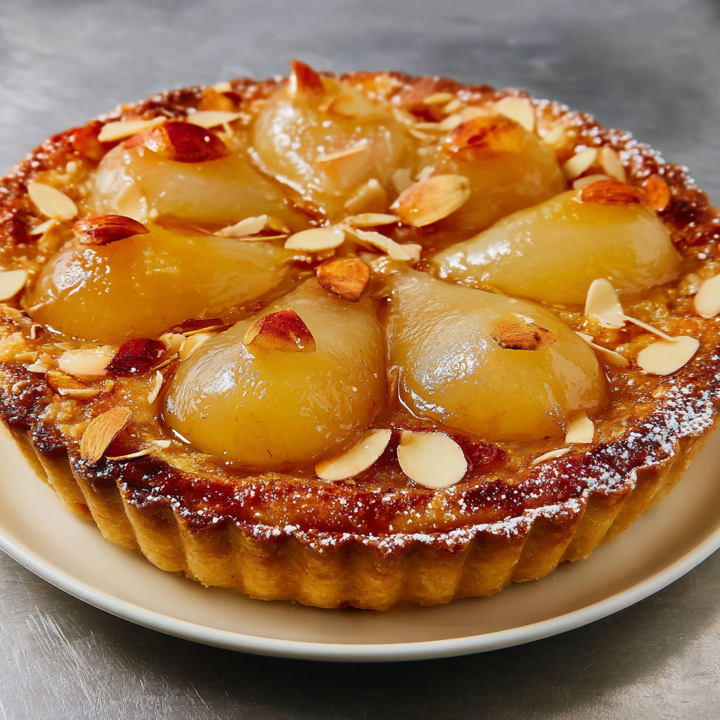 Tarte Bourdaloue aux poires et crème d’amandes fondante, crumble croustillant.