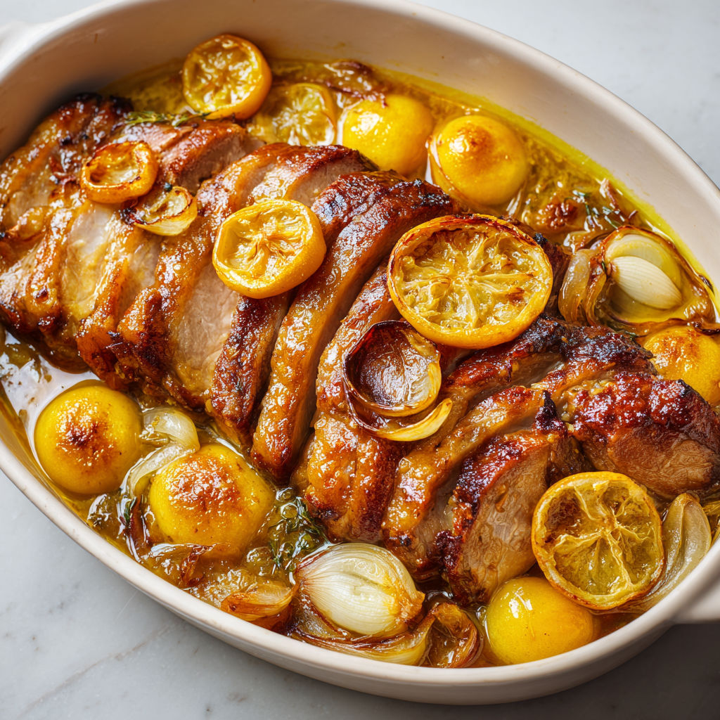 Une rouelle de porc au citron confit est servie dans un bol sur une table.