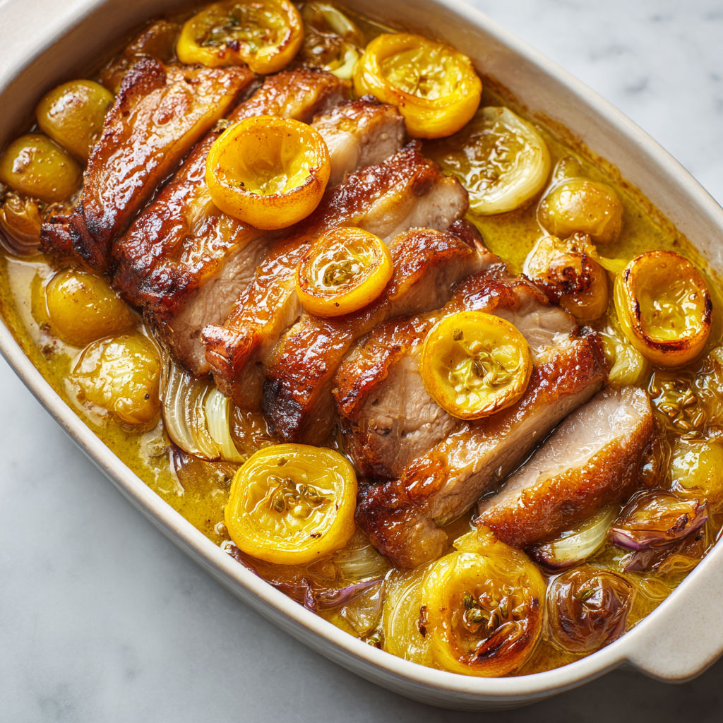 Rouelle de porc fondante au citron confit et échalotes caramélisées