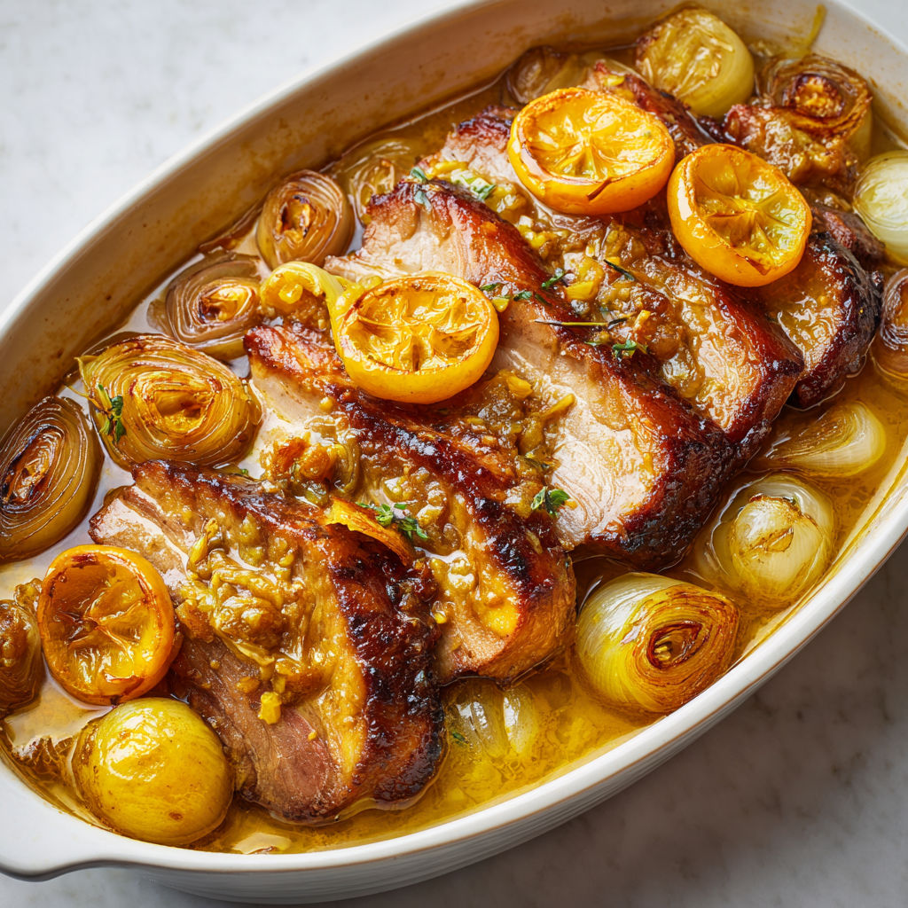 Porc mijoté aux citrons confits, ail et vin blanc, une cocotte parfumée et généreuse.