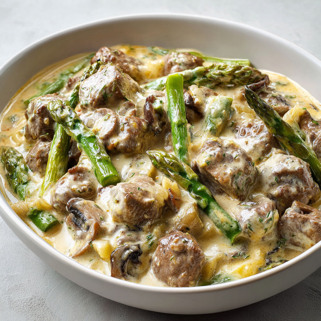 Une cocotte de veau aux asperges vertes est servie dans un bol.