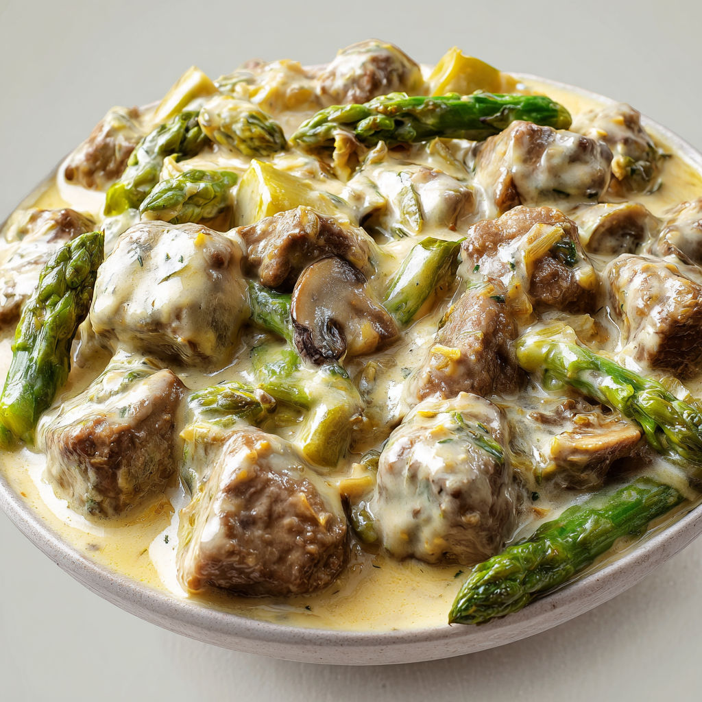 Cocotte de veau fondante aux asperges vertes et champignons, relevée d’une touche de moutarde à l’ancienne et parfumée à l’anis vert.