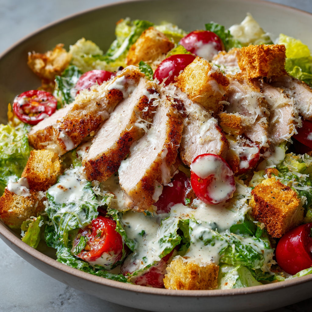 Une salade César à la noix de veau, composée de légumes frais et de tranches de viande, est servie dans un bol.